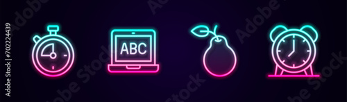 Set line Stopwatch, Laptop, Pear and Alarm clock. Glowing neon icon. Vector