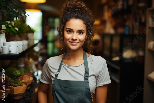 Barista wears apron standing with arms crossed and looking at camera in coffee shop. Young woman cafe owner smiling and waiting for welcome customer.