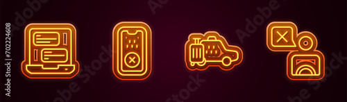 Set line Taxi mobile app, car and driver. Glowing neon icon. Vector