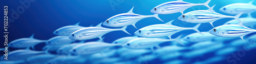 A school of bar jack fish elegantly glides through the deep blue ocean waters in a seamless formation. © tashechka