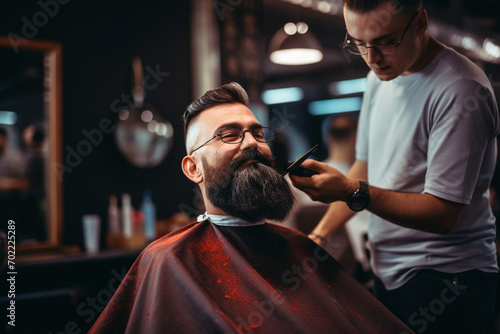 Barber trimming the Santa Claus beard, at the barber shop