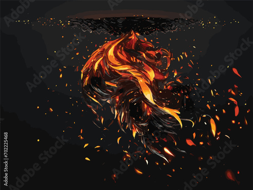 "Design a complex and dynamic vector artwork portraying the beauty of fire embers against a stark black background. Employ your AI image generator to intricately weave abstract dark glitter fire parti