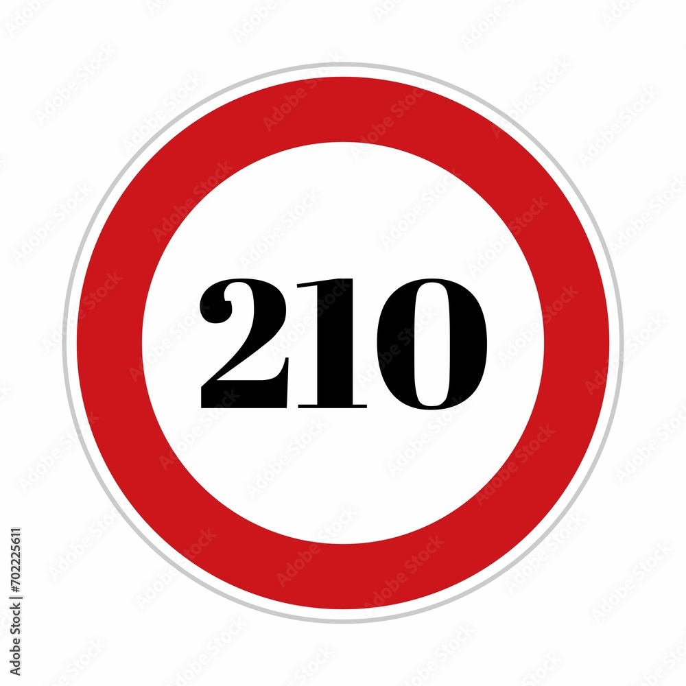 210 speed limit sign board, road side sign board for control speed. Road safety element, two hundred and ten speed, Danger Zone, high speed 210 speed limit sign board, road side sign board for control speed. Road safety element, two hundred and ten speed, Danger Zone, high speed