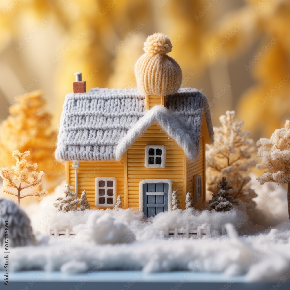 Naklejka premium Small Cozy Knitted House in Cold, Winter Heating