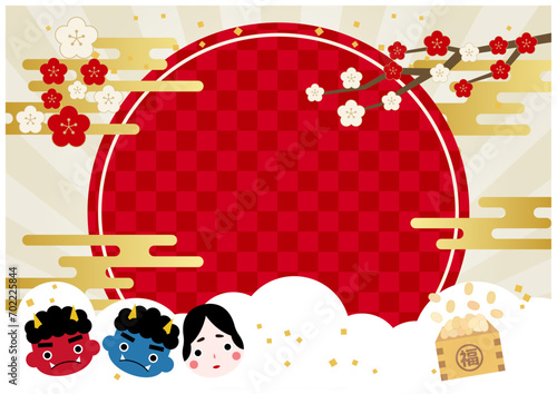 梅の花咲く鬼とおたふくの豆まき節分フレーム3白赤