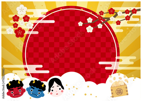 梅の花咲く鬼とおたふくの豆まき節分フレーム3金赤