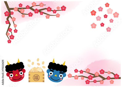 梅の花咲く鬼とおたふくの豆まき節分フレーム1