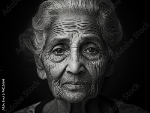 A powerful monochrome portrait of an elderly woman with expressive wrinkles.