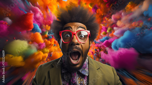 an explosion of colours around a man with nerdy glasses and afro photo
