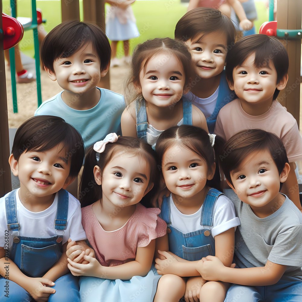 Happy children take photo tegether in playground Happy children take photo tegether in playground