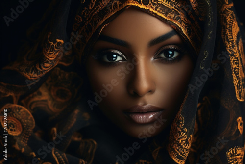 Black woman veil and fashion with creative fabric and elegance with girl on dark studio background African American female lady and cover with textile design and material for aesthetic style