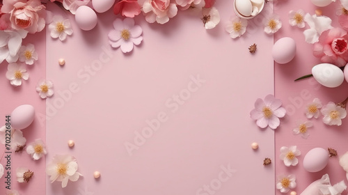 A beautifully curated Easter composition with eggs, a variety of spring flowers, and a cup on a soft pink background.