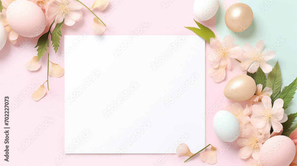 Soft spring ambiance in a pink Easter mockup, complete with eggs, blossoms, and a blank card ready for a festive message. Soft spring ambiance in a pink Easter mockup, complete with eggs, blossoms, and a blank card ready for a festive message.