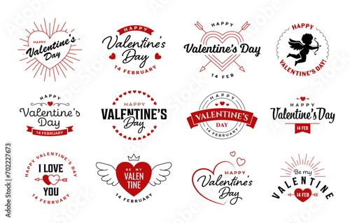 Valentine's Day emblems, logos and labels set. 14 February greeting card or banner design. Love and romance symbols collection.