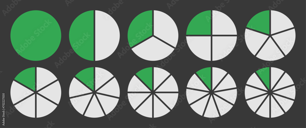 Circle divided into 1-10 parts icon set. Full circle segment diagram in 1-10 parts graph icon pie shape section chart in green and white color. Circle divided in ten parts infographics. Circle divided into 1-10 parts icon set. Full circle segment diagram in 1-10 parts graph icon pie shape section chart in green and white color. Circle divided in ten parts infographics.