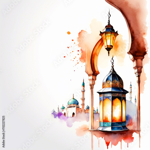 Watercolor Ramadan Lantern and Mosque Concept