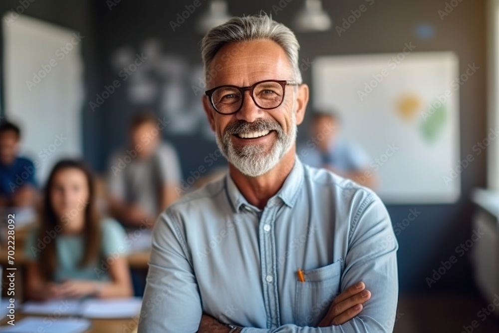 A mature male teacher with a beard and glasses standing confidently in a classroom, with students in the background A mature male teacher with a beard and glasses standing confidently in a classroom, with students in the background
