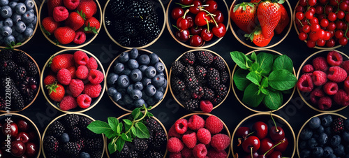 Top view of strawberries, raspberries, blueberries, mint in round tubs or ramekins on black background, banner photo