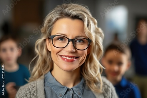 A cheerful senior female teacher with glasses standing in a classroom, with young students visible in the background.