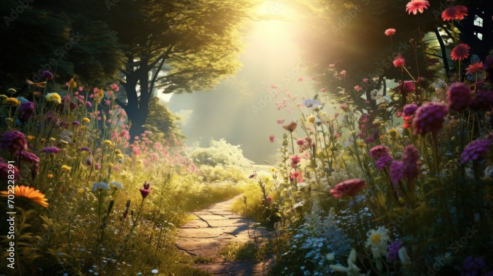 A path through a field of flowers with the sun shining through the trees