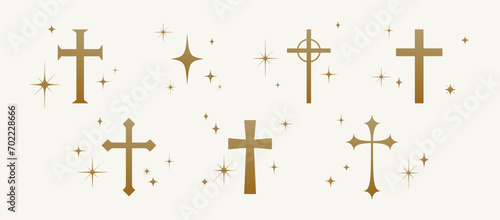 Collection christian religious cross. Set symbol religion cross on white background, shiny golden stars. Saint icon prayer cross sign, religious symbol, stars christian faith. Vector Illustration