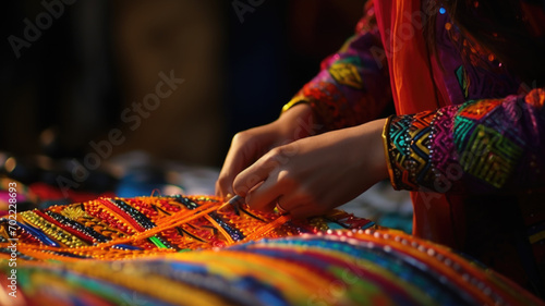 Artisan hands meticulously crafting colorful, traditional textile patterns.