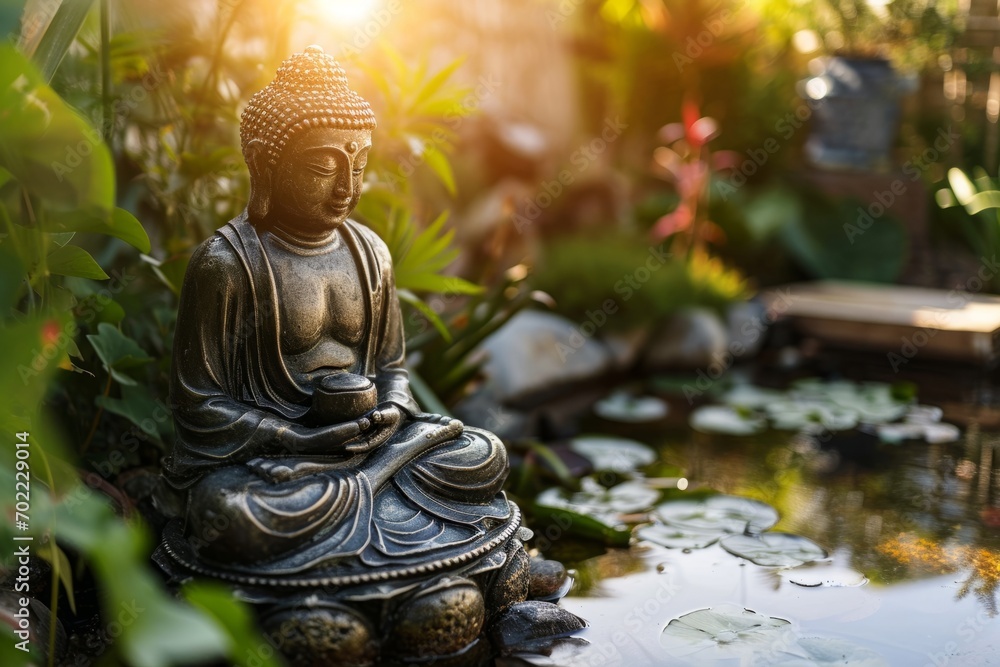 Peaceful Buddha statue in a lush garden with warm sunlight