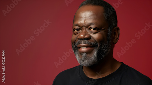 Mature Black man with a graying beard radiating happiness against a red background