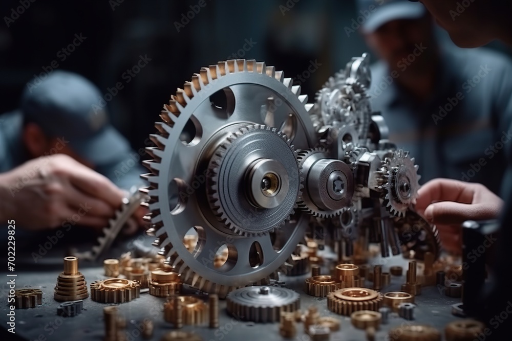 A close-up view of precision-engineered metal gears and parts on a manufacturing workshop table A close-up view of precision-engineered metal gears and parts on a manufacturing workshop table