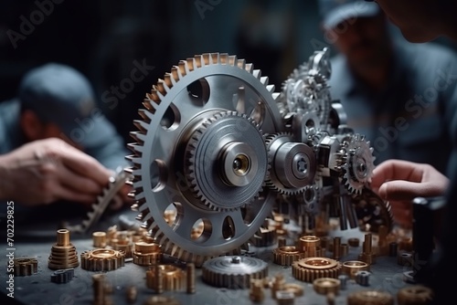 A close-up view of precision-engineered metal gears and parts on a manufacturing workshop table