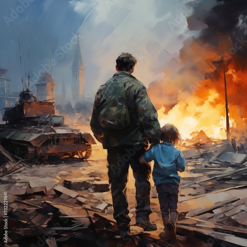 war in ukraine. One military man brings a child in the blanket. Destroyed buildings, fighters and tanks in fire on background photo