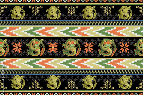 Gold Dragon on Traditional Thai Silk Pixel Art Seamless Pattern.  Vector design for fabric, carpet, tile, embroidery, wrapping, wallpaper, and background photo