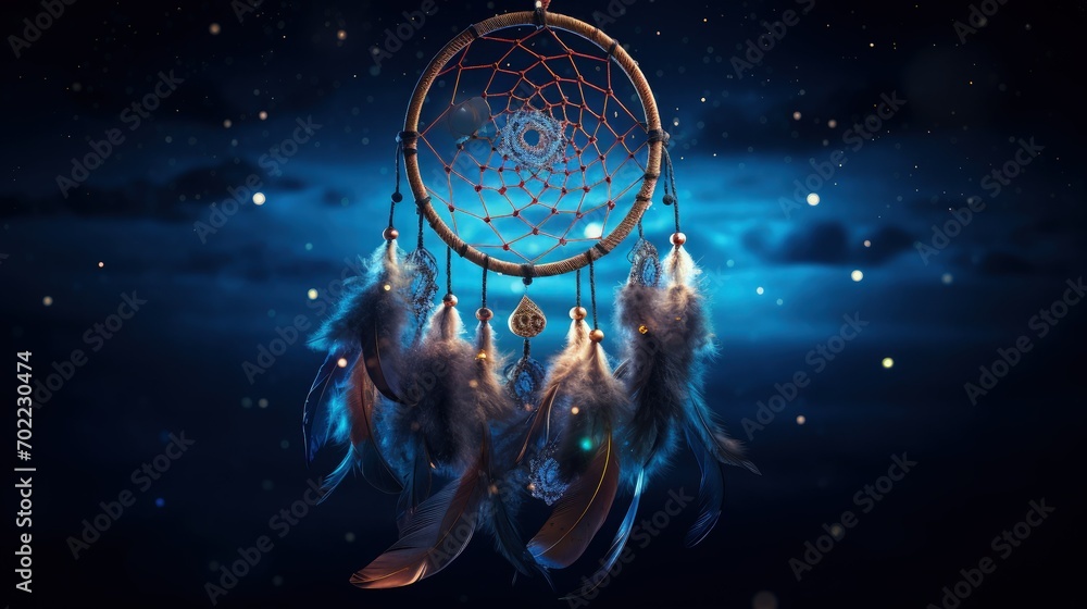 Beautiful dreamcatcher with lights on a blue background - obrazy, fototapety, plakaty 