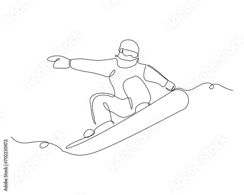 Continuous single line sketch drawing of man snowboarder ride speed at mountain. One line art of extreme sport winter snowboard vector illustration