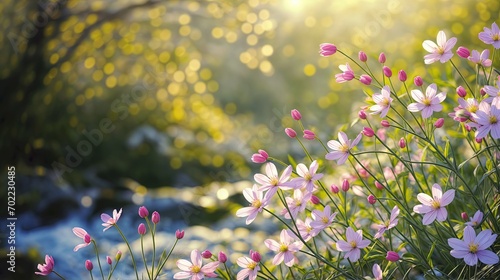 a small creek surrounded by pink flowers, with a sun glare effect.