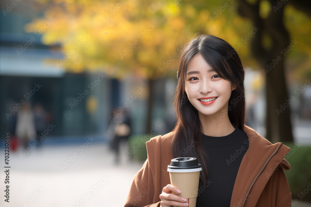 Young pretty Chinese woman at outdoors holding a take away coffee Young pretty Chinese woman at outdoors holding a take away coffee