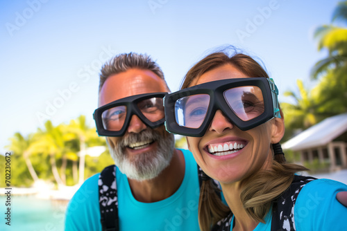 Adult couple at outdoors with diving goggles