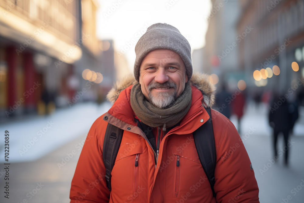 Middle aged man in the middle of the city in winter clothes Middle aged man in the middle of the city in winter clothes