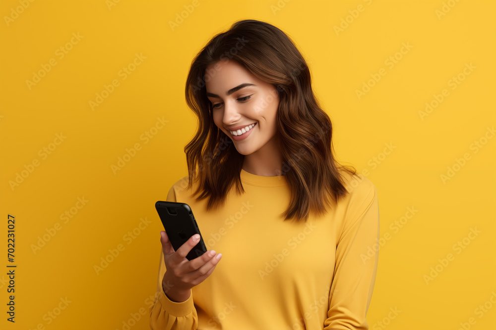 Young pretty brunette girl over isolated colorful background using mobile phone Young pretty brunette girl over isolated colorful background using mobile phone