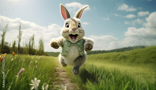 Easter bunny runs through a green meadow. Adorable rabbit on a meadow warming lighting. Cute rabbit in the grass field on a spring day photo