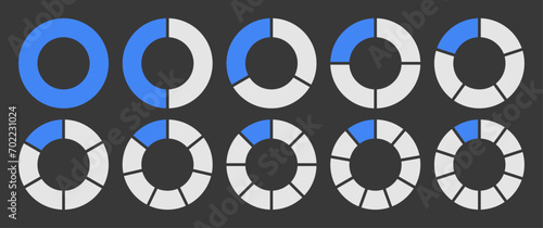 Hollow circle divided into 1-10 parts icon set. Hollow circle segment diagram in 1-10 parts graph icon pie shape section chart in blue and white color. Hollow circle divided in ten parts infographics.