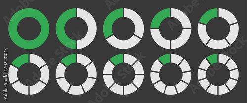 Hollow circle divided into 1-10 parts icon set. Hollow circle segment diagram in 1-10 parts graph icon pie shape section chart in green-white color. Hollow circle divided in ten parts infographics.