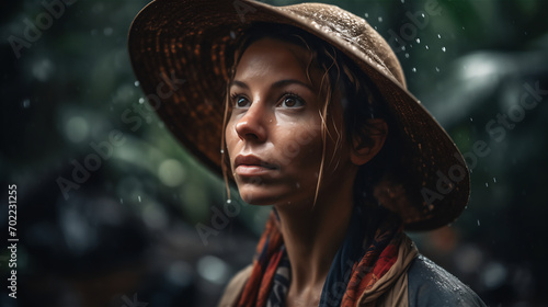 Portrait of an explorer woman in the rain 