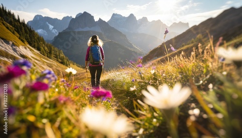 Wonderful hiking spot: Sporty hiker on idyllic trail in the mountains on path lined with flowers. Colorful ai generated photo on a sunny day with view into surrounding mountains #702231283