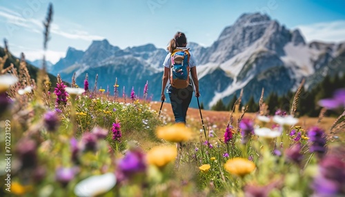 Wonderful hiking spot: Sporty hiker on idyllic trail in the mountains on path lined with flowers. Colorful ai generated photo on a sunny day with view into surrounding mountains