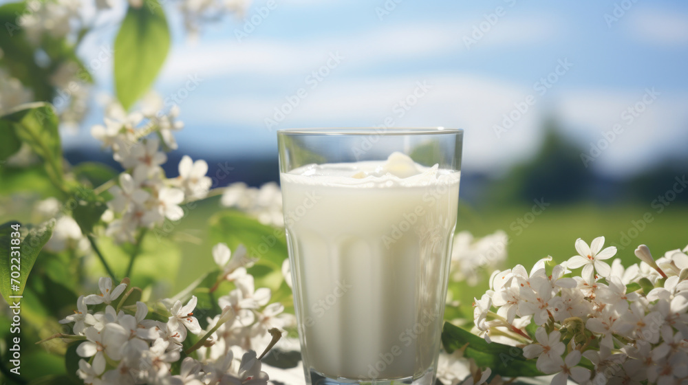 A glass of milk stands among delicate white blossoms on a sunny day, symbolizing freshness and natural goodness. A glass of milk stands among delicate white blossoms on a sunny day, symbolizing freshness and natural goodness.