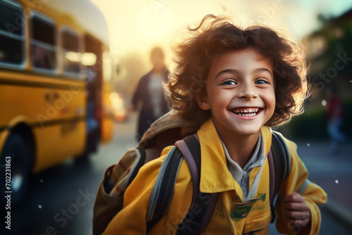 Back to school concept. Kid going to school by bus.
