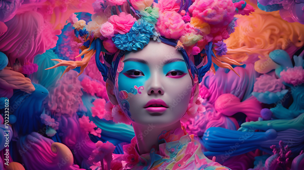 Woman face in an abstract environment with flowers, swirls and colorful elements Woman face in an abstract environment with flowers, swirls and colorful elements