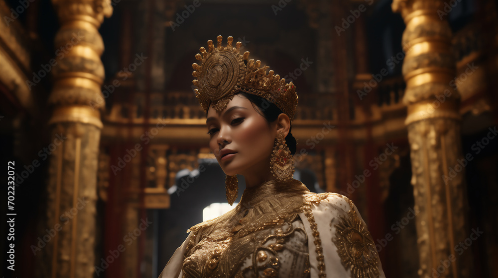 Asian queen or very elegant woman in traditional costume in a palace