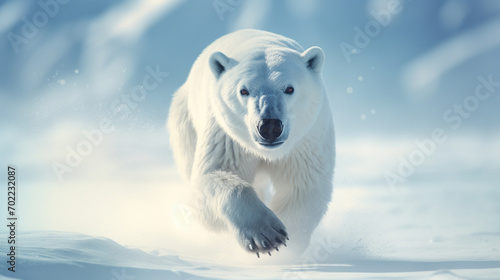 A polar bear runs in the snow